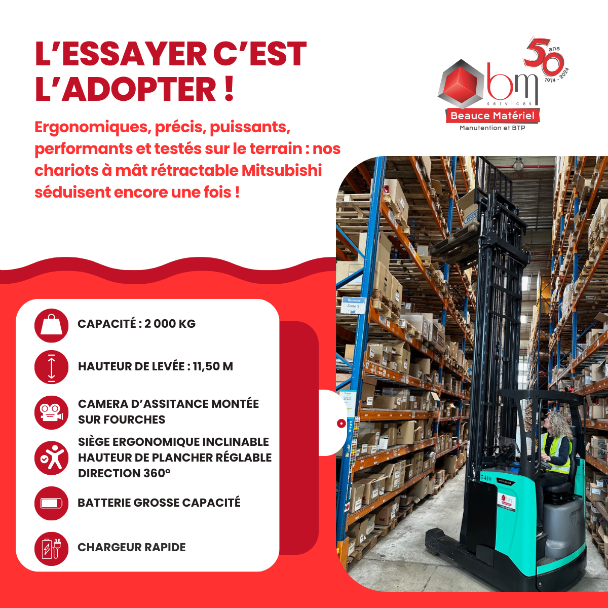 chariot à mât rétractable 2 tonnes Mitsubishi RB20N3H