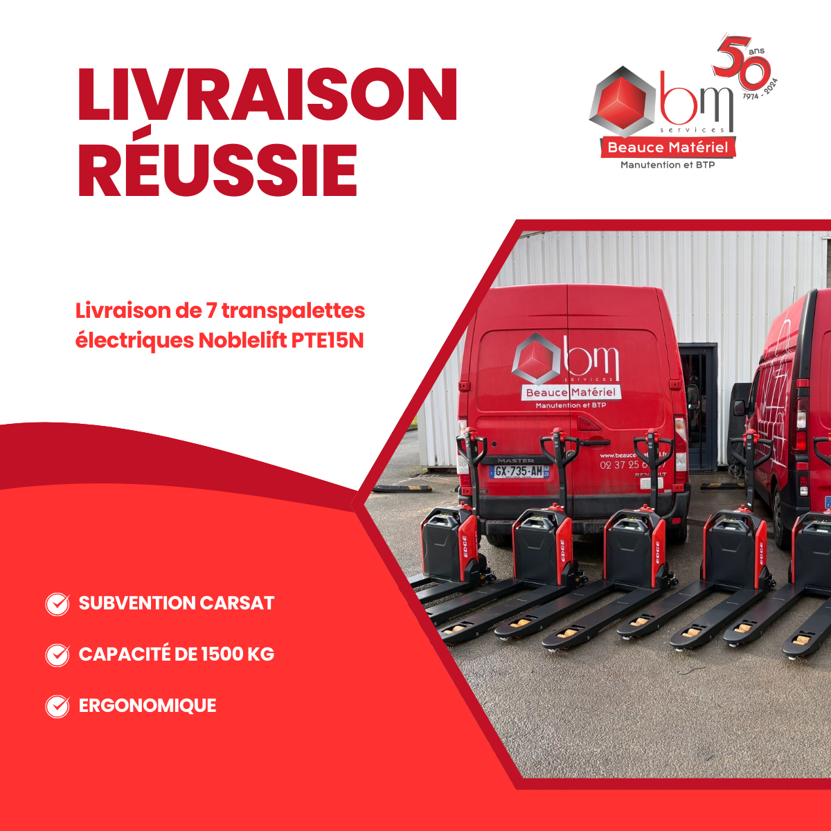 7 transpalettes électriques NOBLELIT 1500 kg avec financement CARSAT