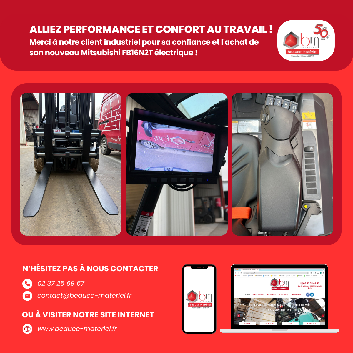 Chariot électrique avec positionneur de fourches, caméral de recul et accoudoir ergonomique avec commandes hydrauliques Fingertip