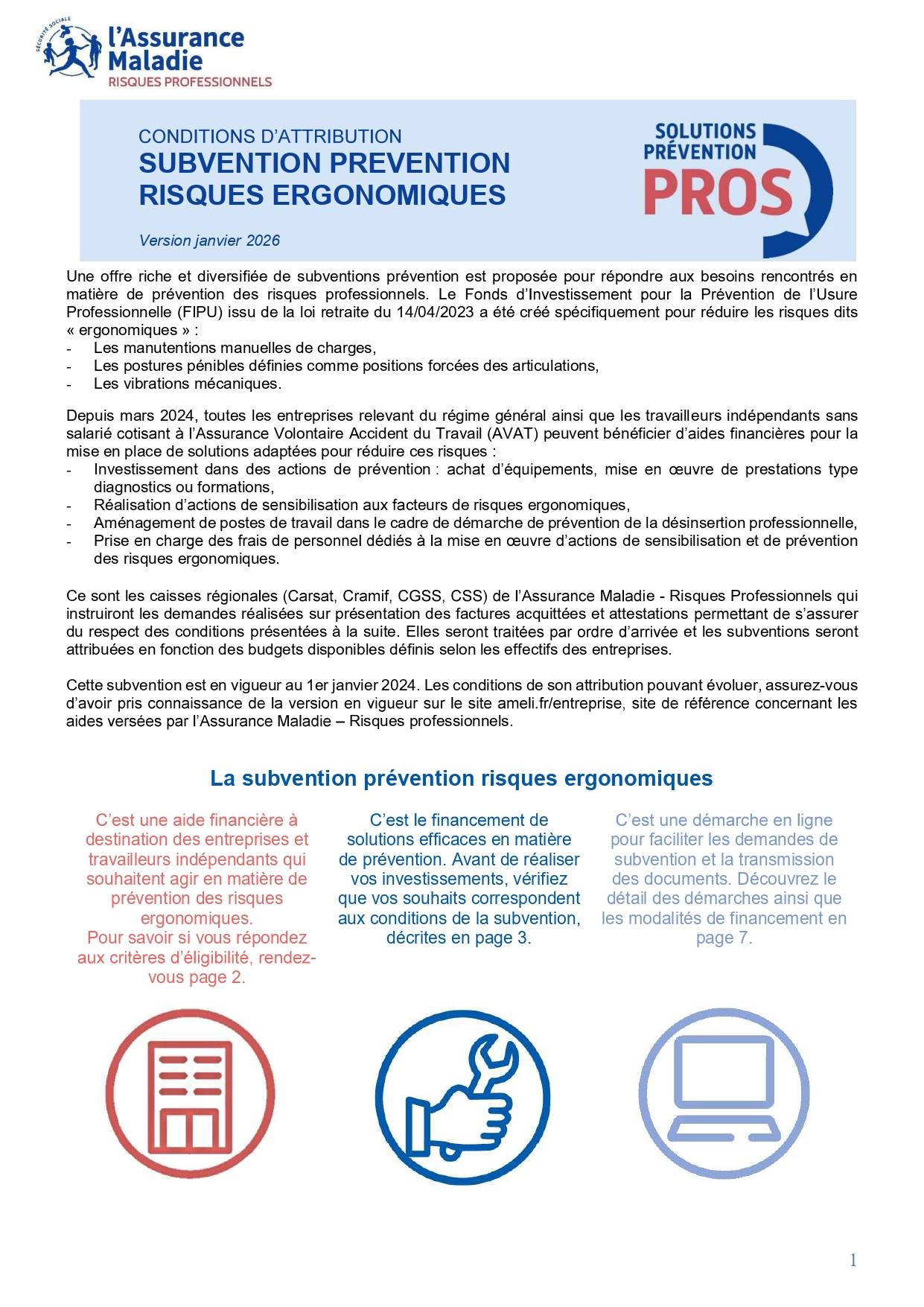 Conditions d'attribution Subvention Prévention des risques ergonomiques CARSAT